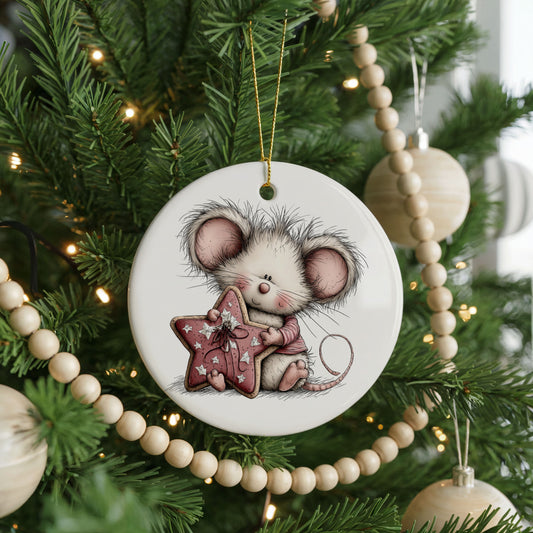 Pink Mouse Holding a Star ceramic Christmas ornament, front view