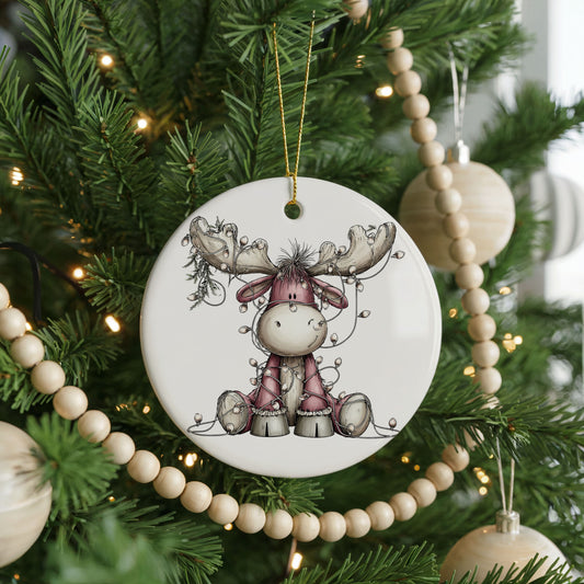 Pink Reindeer with Christmas Lights ceramic Christmas ornament, front view