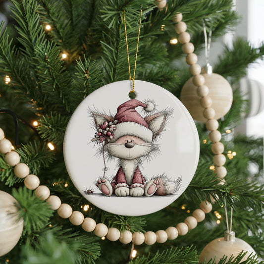 Pink Fox in a Santa Hat ceramic Christmas ornament, front view