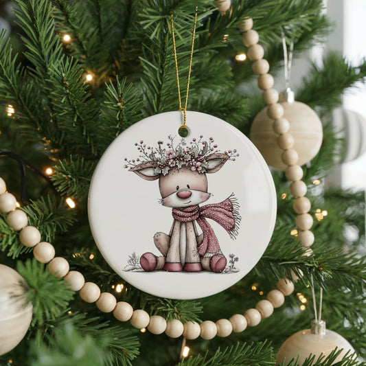 Pink Reindeer with Berry Antler Crown ceramic Christmas ornament, front view