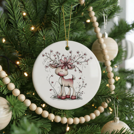 Pink Reindeer with Snowy Floral Antlers ceramic Christmas ornament, front view