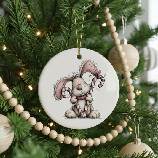 Pink Rabbit Holding a Candy Cane ceramic Christmas ornament, front view