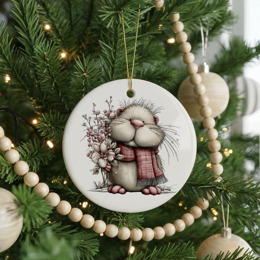 Fluffy Mouse with Flowers and Berries ceramic Christmas ornament, front view