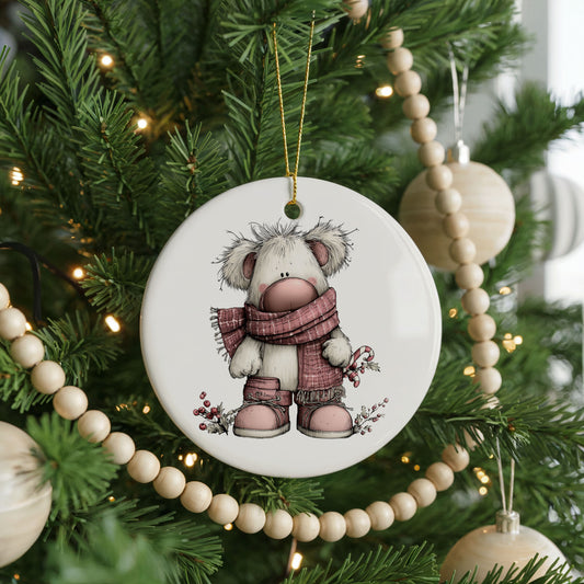 Teddy Bear in a Pink Winter Sweater ceramic Christmas ornament, front view
