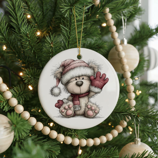 Waving Teddy Bear with Christmas Gifts ceramic Christmas ornament, front view