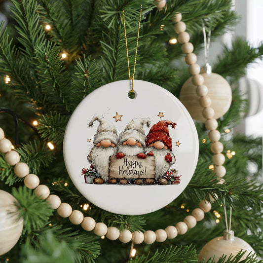 Happy Holidays Whimsical Christmas Friends ceramic Christmas ornament, front view