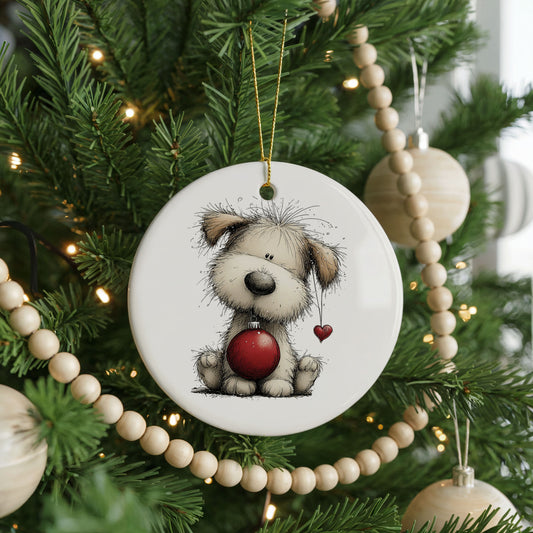 Fluffy Puppy Holding a Red Ornament, ceramic Christmas ornament, front view