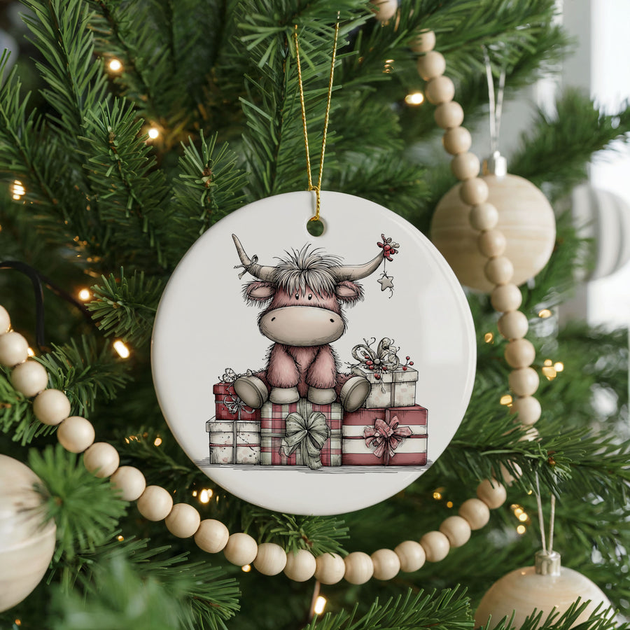 Highland Cow with Christmas Gifts Christmas Ornament | CO-1970