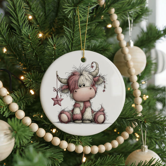 Highland Cow with Pink Winter Flowers ceramic Christmas ornament, front view