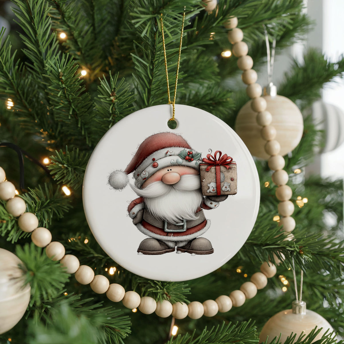 Santa Claus Holding a Christmas Gift ceramic Christmas ornament, front view