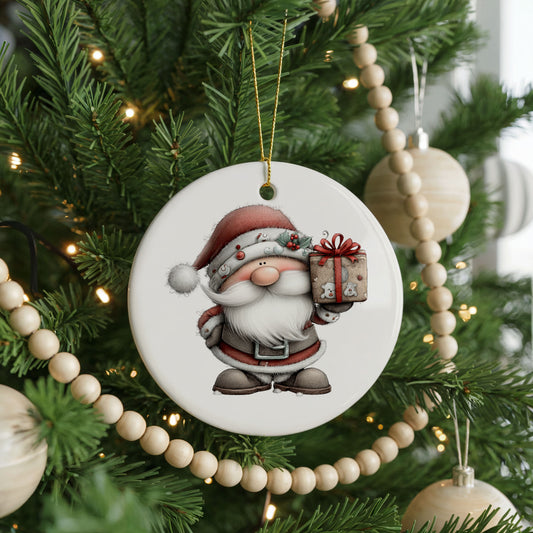 Santa Claus Holding a Christmas Gift ceramic Christmas ornament, front view