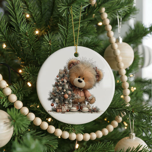 Teddy Bear Beside a Christmas Tree ceramic Christmas ornament, front view