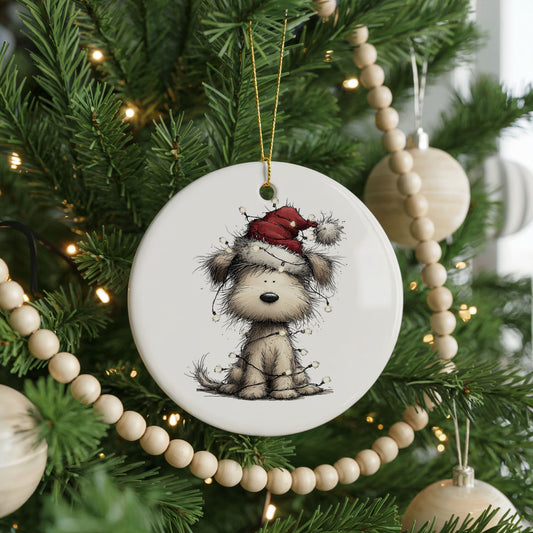 Fluffy Puppy in a Santa Hat ceramic Christmas ornament, front view