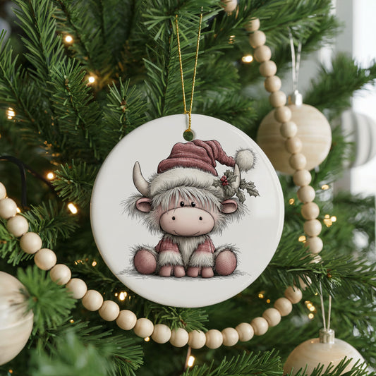 Highland Cow in a Pink Santa Hat ceramic Christmas ornament, front view
