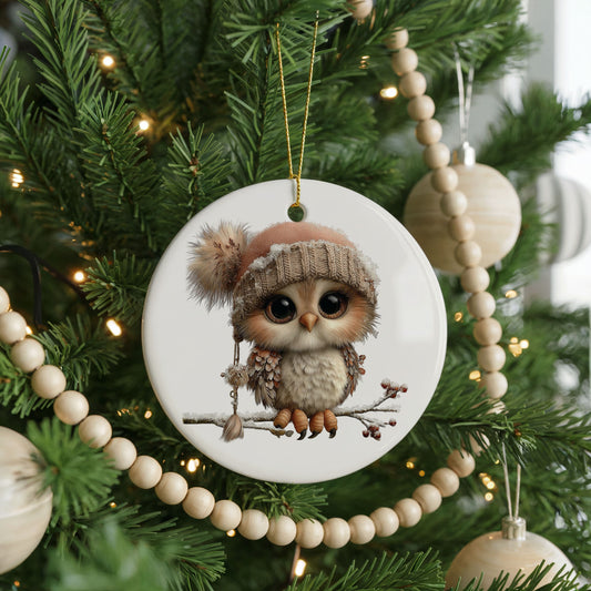 Winter Owl on a Snowy Branch ceramic Christmas ornament, front view
