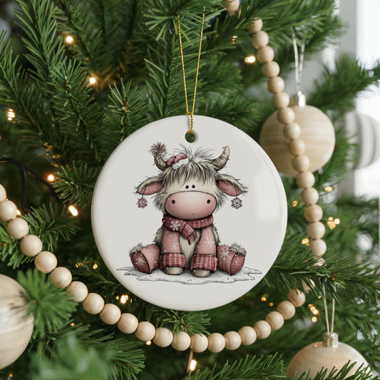 Highland Cow in a Pink Winter Scarf ceramic Christmas ornament, front view