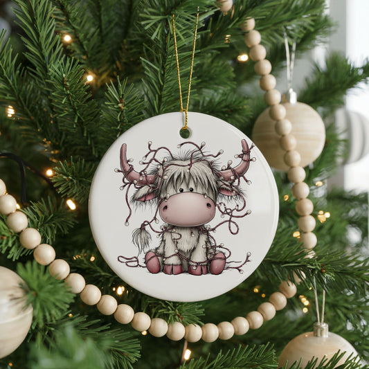 Highland Cow with Decorated Antlers ceramic Christmas ornament, front view
