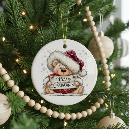 Teddy Bear Merry Christmas Sign ceramic Christmas ornament, front view