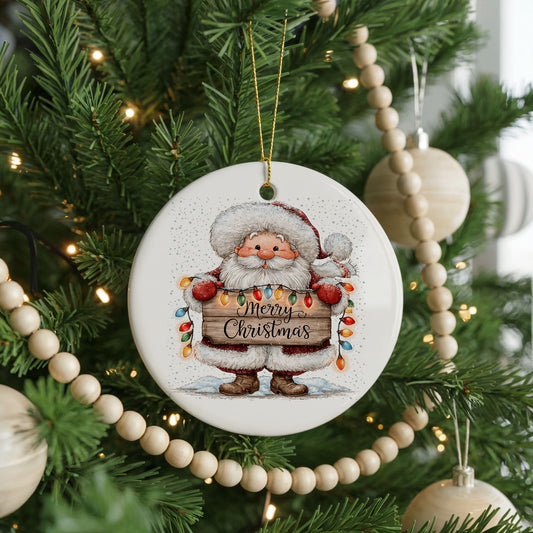 Santa Merry Christmas Sign with Lights ceramic Christmas ornament, front view