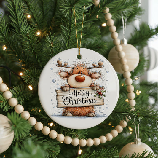 Reindeer Merry Christmas Sign ceramic Christmas ornament, front view