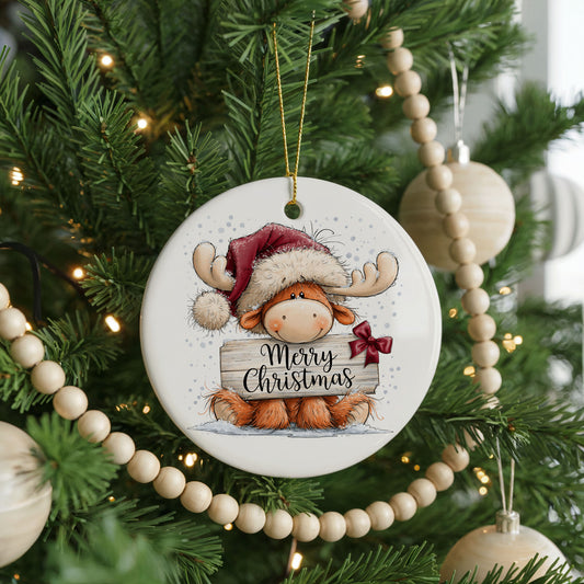 Moose in a Santa Hat Merry ceramic Christmas ornament, front view