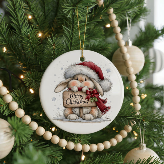 Christmas Rabbit Merry Christmas Sign ceramic Christmas ornament, front view