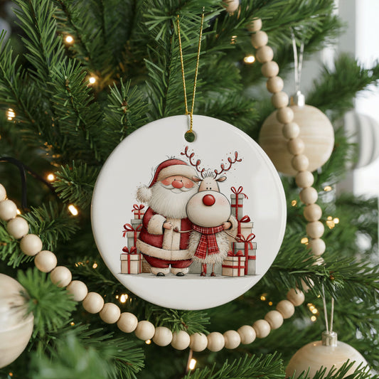 Santa and Reindeer with Christmas Gifts ceramic Christmas ornament, front view