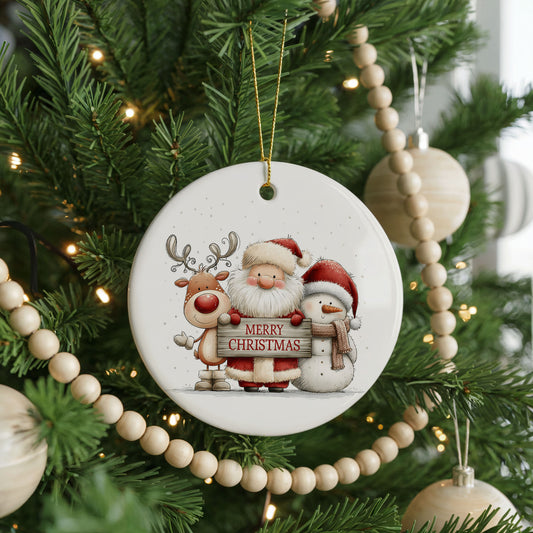 Santa Reindeer and Snowman ceramic Christmas ornament, front view