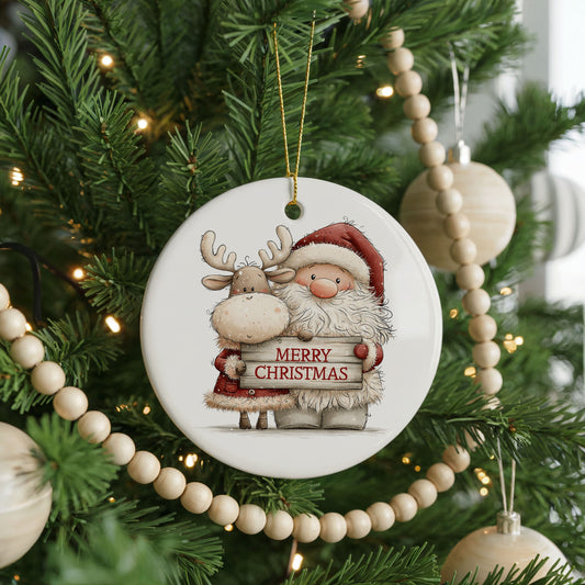 Santa Hugging a Reindeer ceramic Christmas ornament, front view