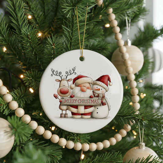Santa Reindeer and Snowman Sign ceramic Christmas ornament, front view