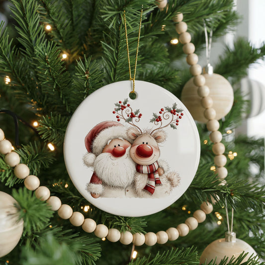 Santa Hugging a Reindeer with Holly ceramic Christmas ornament, front view