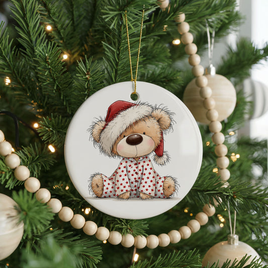 Teddy Bear in a Pink Polka Dot Scarf ceramic Christmas ornament, front view
