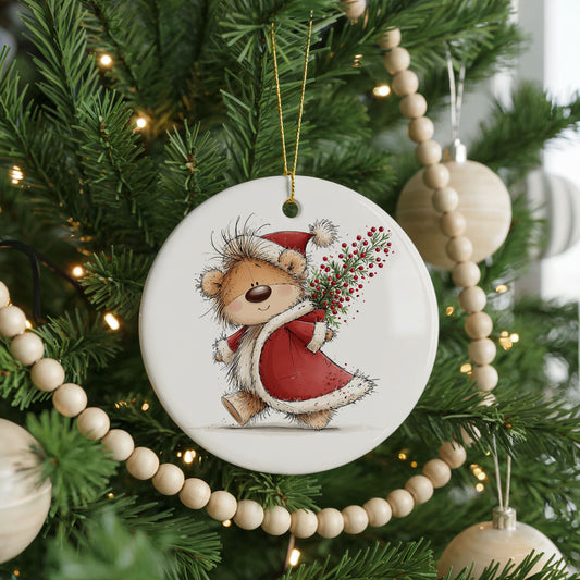 Teddy Bear Carrying a Christmas Sack ceramic Christmas ornament, front view