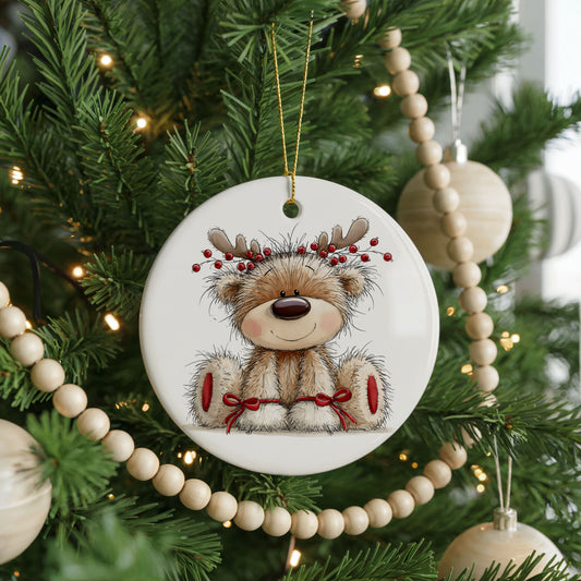 Personalized Teddy Bear Christmas ornament, antlers and skis, front view