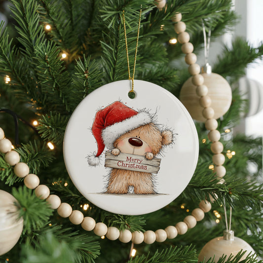 Teddy Bear Merry Christmas Sign ceramic Christmas ornament, front view
