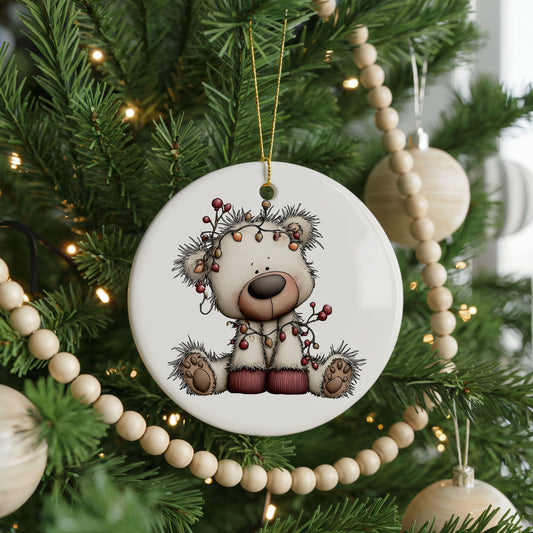 Reindeer with Decorated Antlers ceramic Christmas ornament, front view