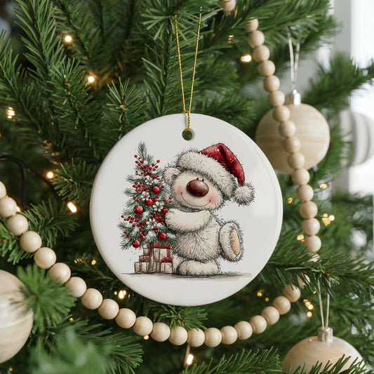 Polar Bear by a Christmas Tree ceramic Christmas ornament, front view
