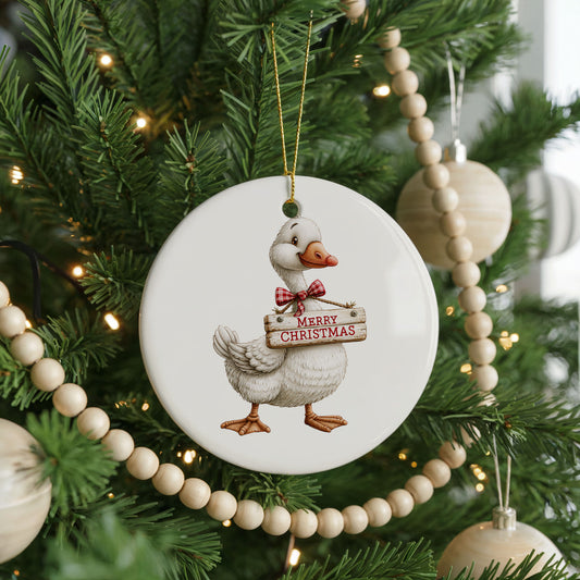 Christmas Goose Merry Christmas Sign ceramic Christmas ornament, front view
