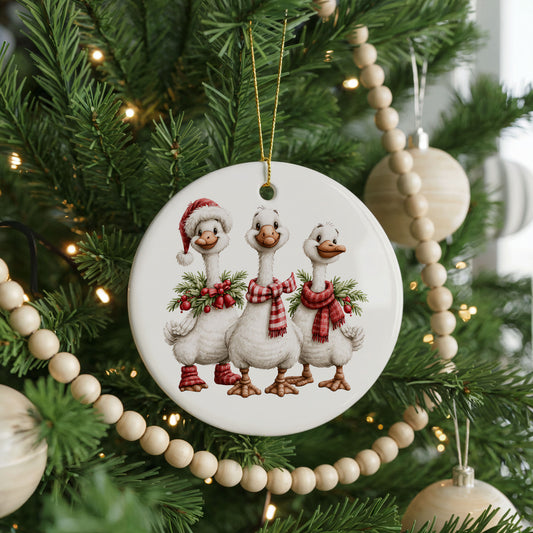 Three Christmas Geese with Wreaths ceramic Christmas ornament, front view