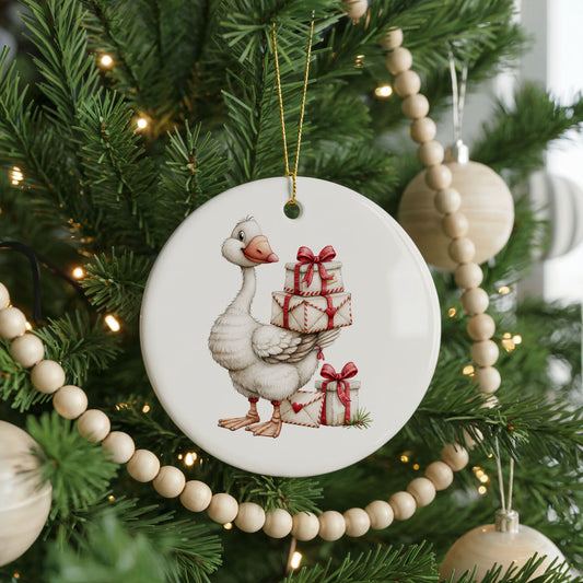 Christmas Goose Carrying Wrapped Gifts ceramic Christmas ornament, front view