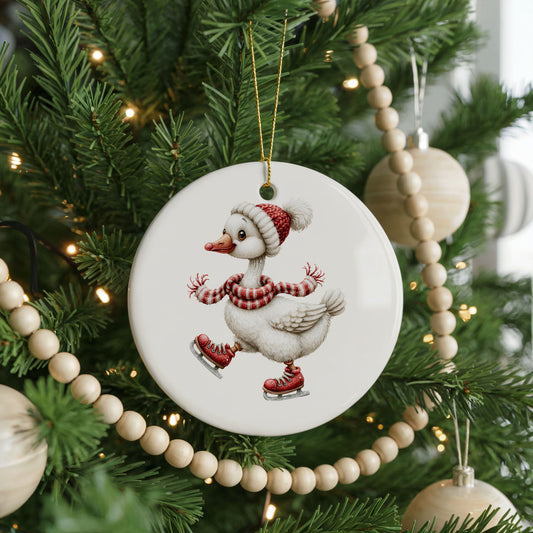 Ice Skating Christmas Goose ceramic Christmas ornament, front view