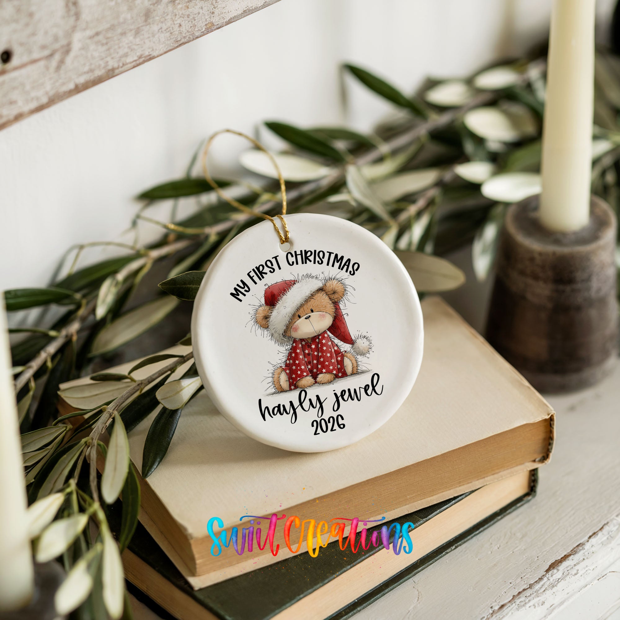 Personalized teddy bear My First Christmas ornament holiday keepsake | CO001