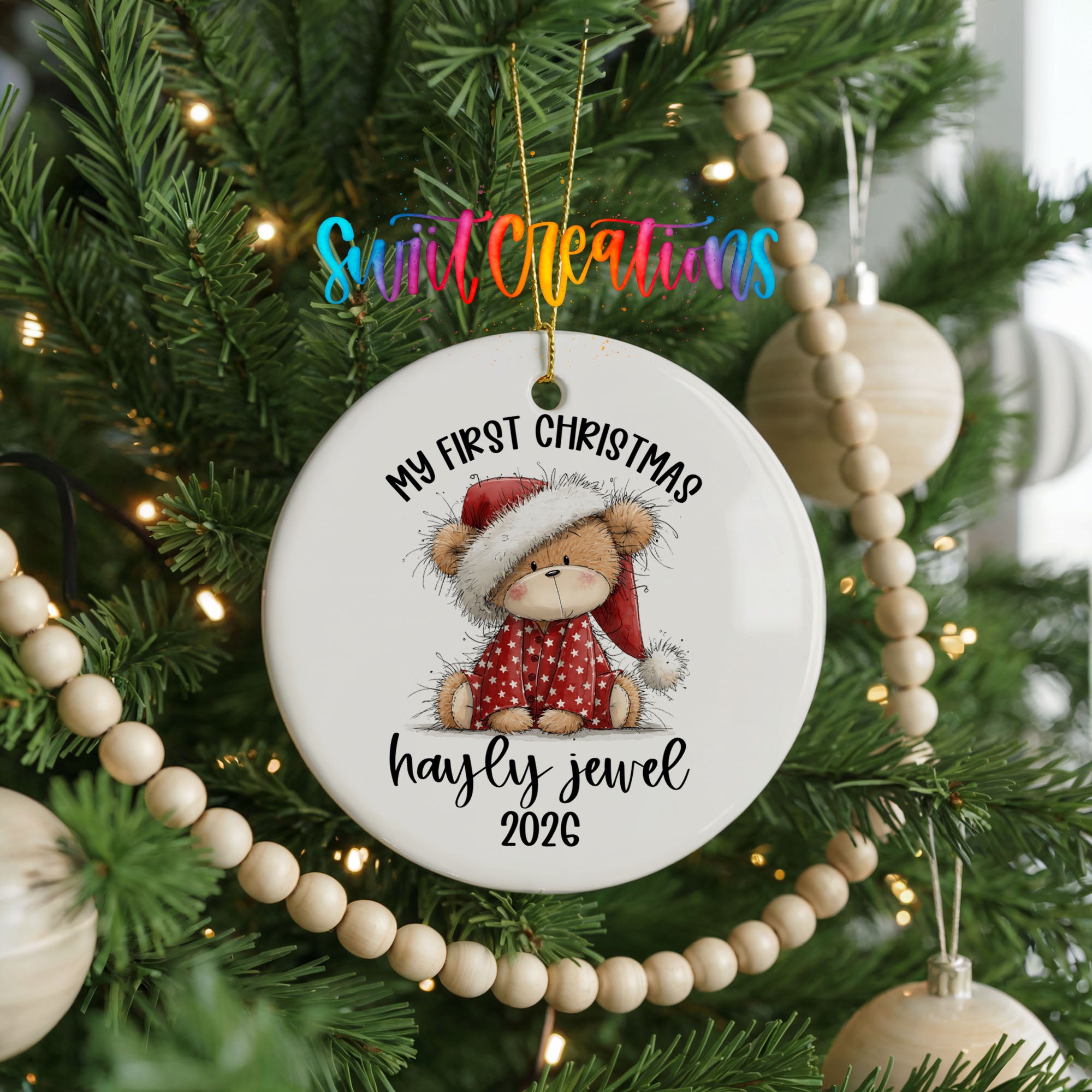 Personalized My First Christmas teddy bear ornament on Christmas tree | CO001