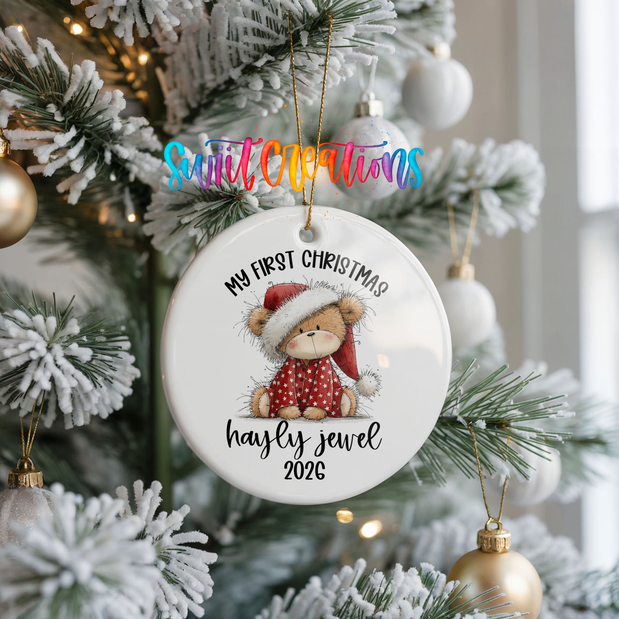 Personalized 2026 My First Christmas teddy bear ceramic ornament | CO001