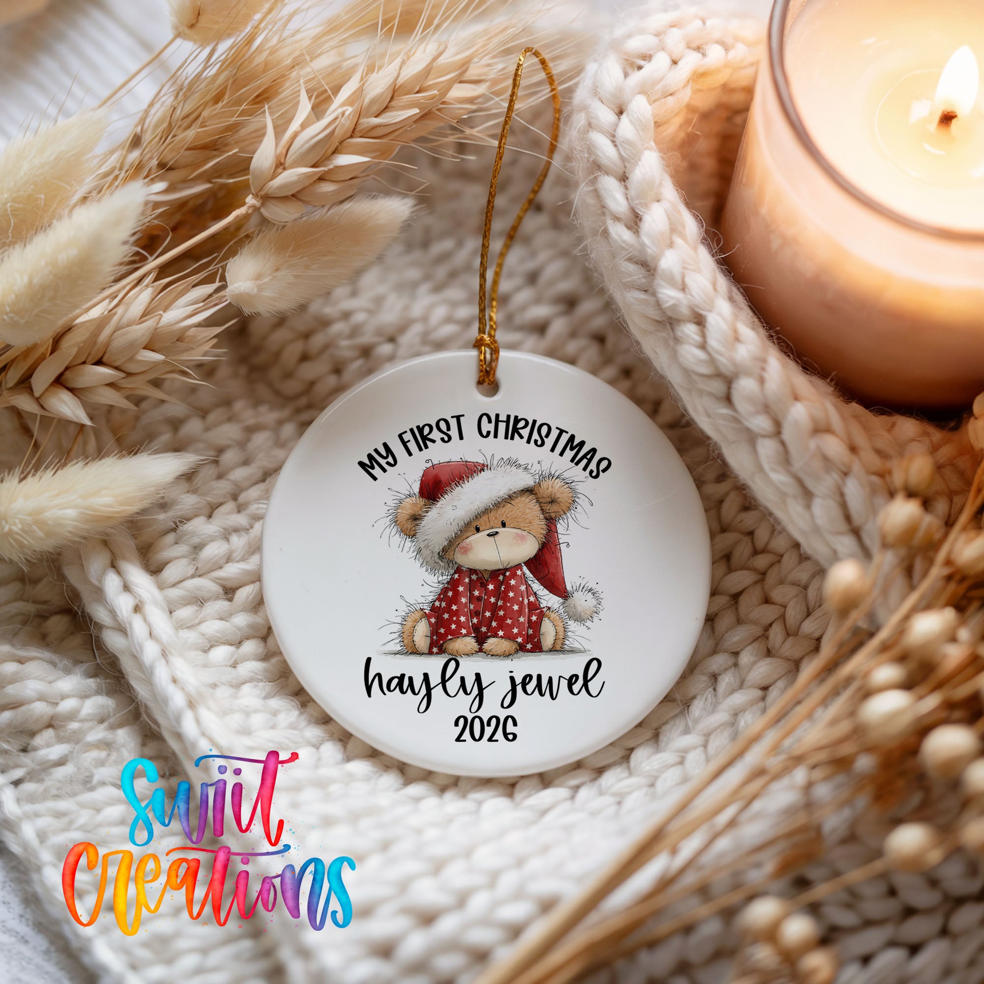 Personalized teddy bear My First Christmas ceramic keepsake ornament | CO001