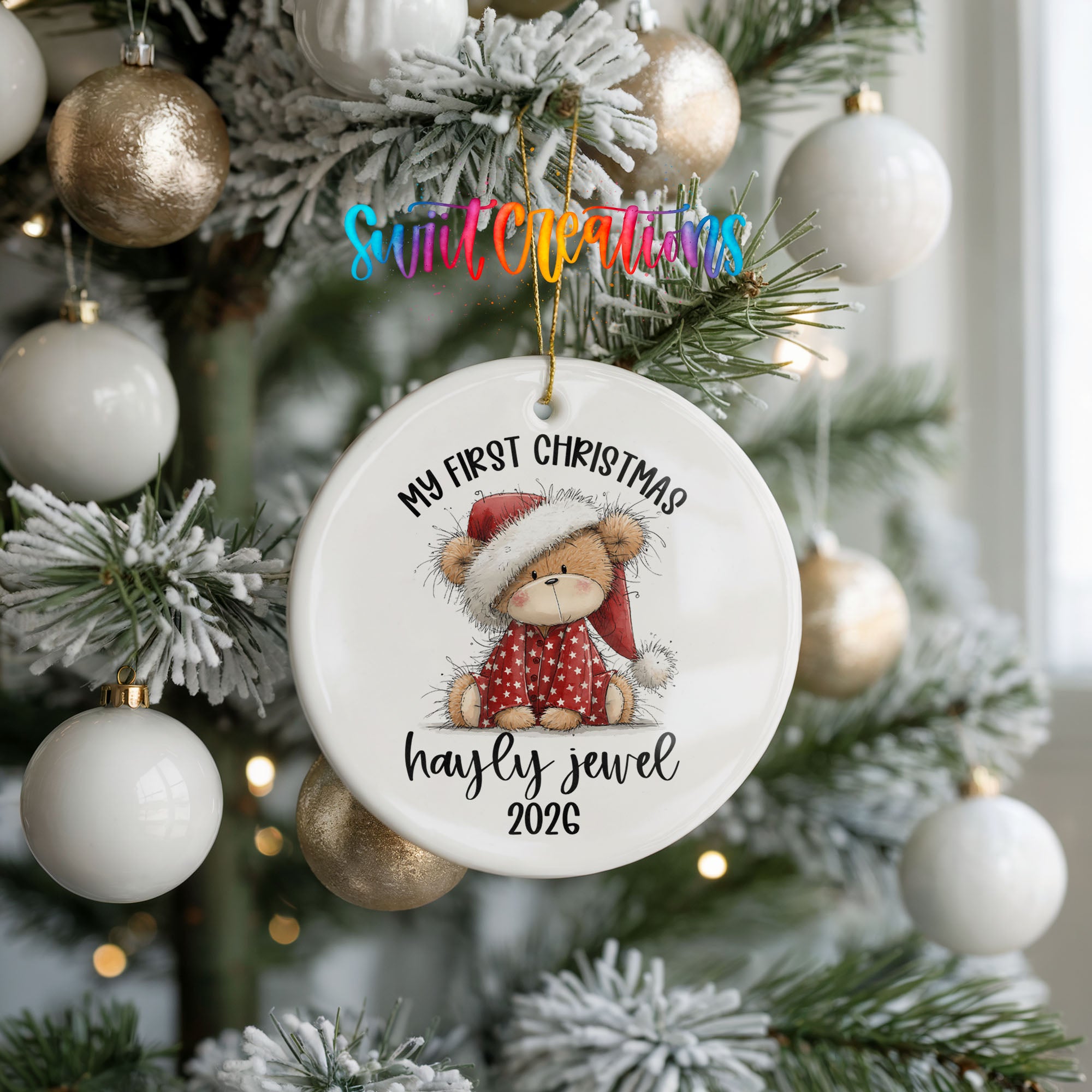 Personalized My First Christmas ceramic ornament on gift package | CO001