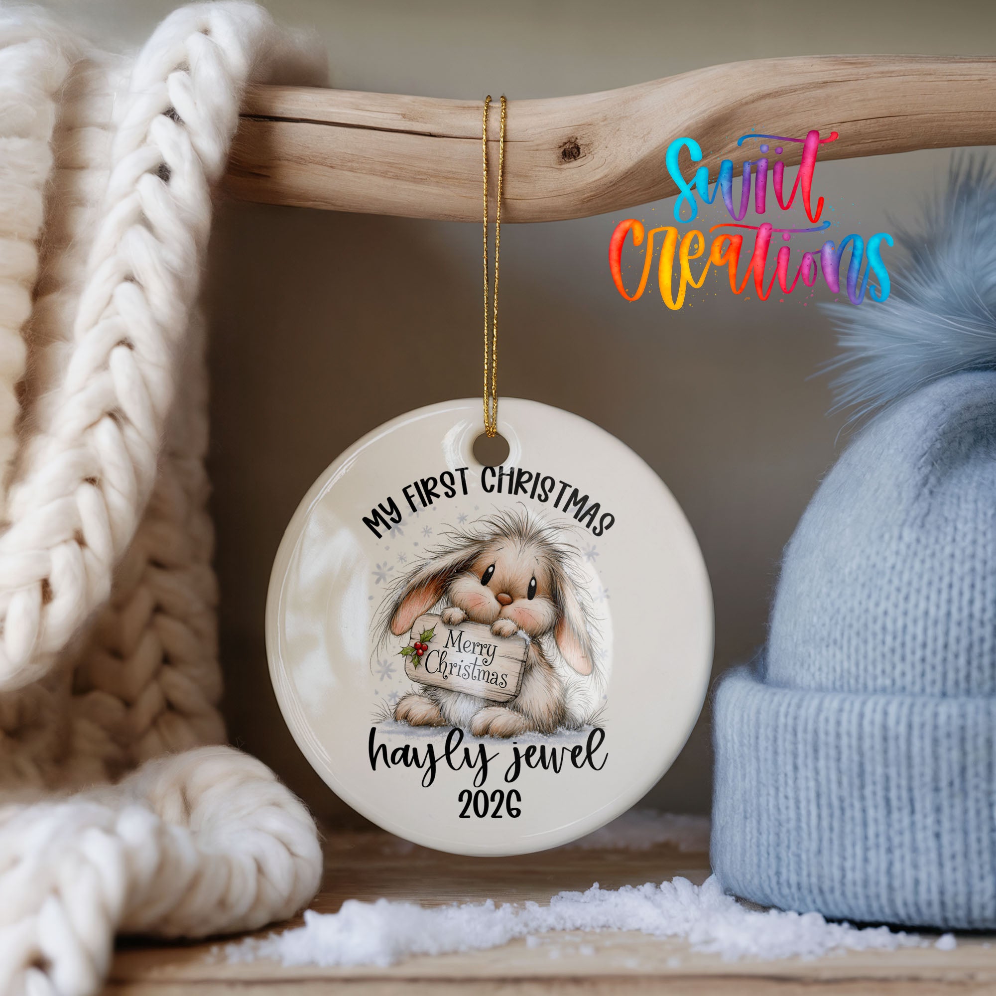 Personalized baby first Christmas bunny ornament with custom name | CO002