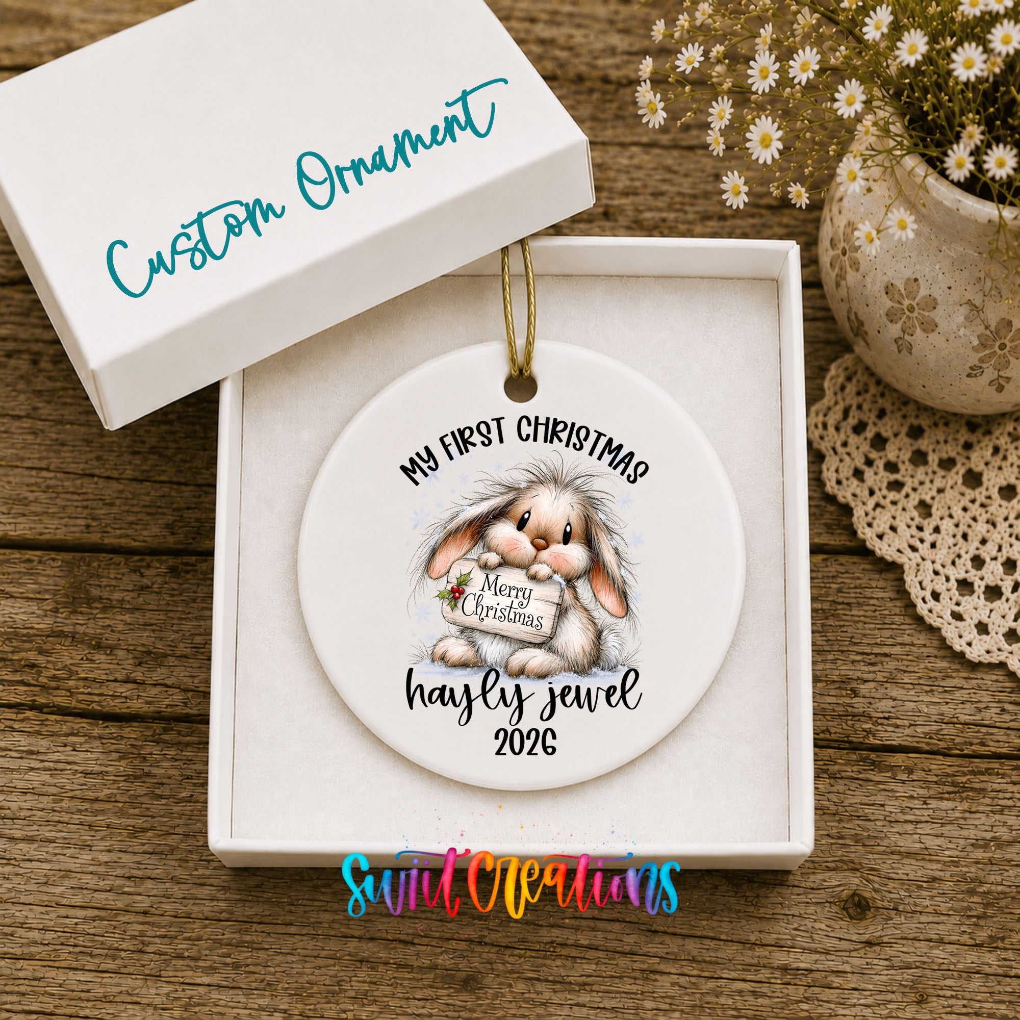 Personalized My First Christmas bunny ceramic ornament in gift box | CO002