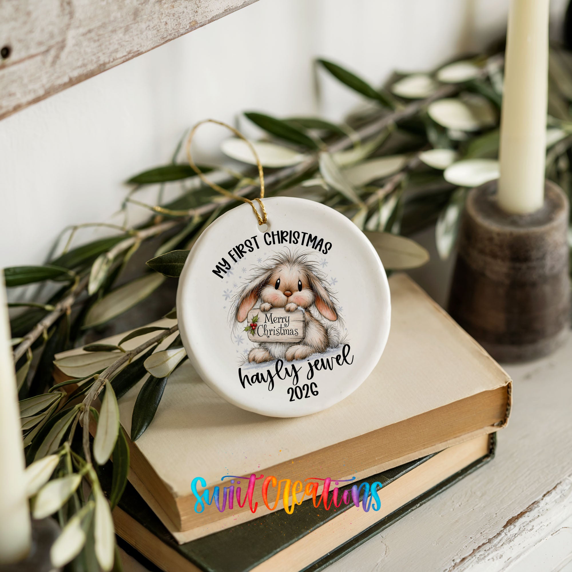 Custom baby name Christmas bunny keepsake ornament | CO002