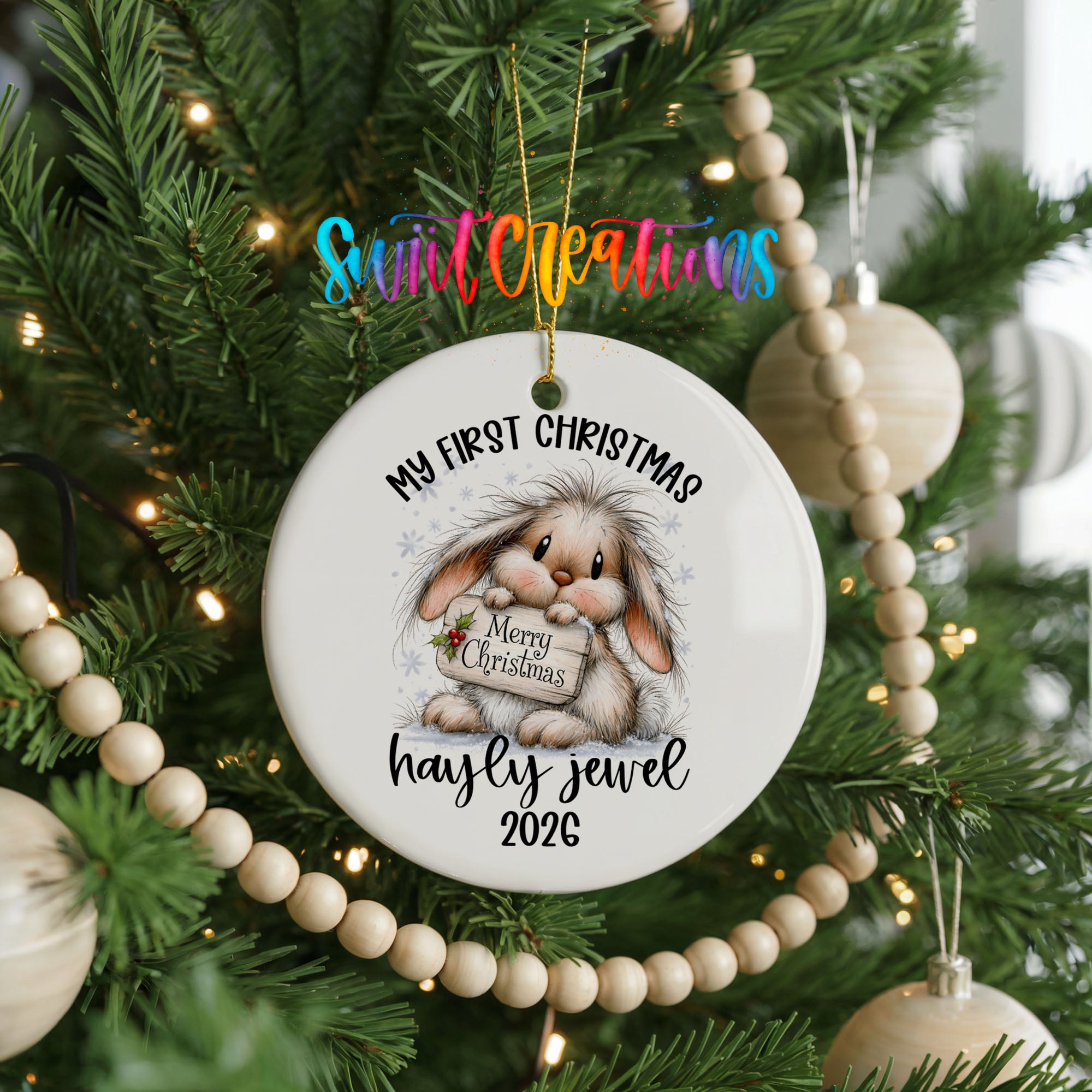 Custom name My First Christmas rabbit ornament | CO002